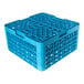 A blue plastic glass rack with nine compartments and four extenders.