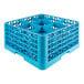 A blue plastic glass rack with 9 compartments and 4 extenders.