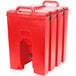 A red plastic Cambro soup container with black handles.
