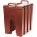 A brown plastic Cambro insulated soup carrier with handles.