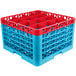 A red and blue plastic glass rack with extenders.