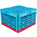 A stack of blue and red Carlisle plastic glass racks with extenders.