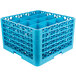 A blue plastic Carlisle glass rack with holes.