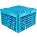 A blue plastic Carlisle glass rack with 16 compartments and 5 extenders.