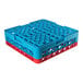 A blue and red plastic glass rack with 16 compartments and one extender.