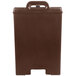 A brown rectangular Cambro insulated soup carrier with a handle and lid.