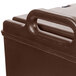 A dark brown plastic Cambro soup carrier with a handle.