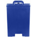 A navy blue plastic Cambro insulated soup container with a lid and handle.