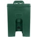 A green plastic Cambro soup container with a black lid and a handle.