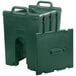 A green plastic Cambro soup carrier with handles.