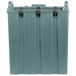 A close up of a grey rectangular Cambro insulated soup carrier with two handles.