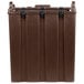 A dark brown plastic Cambro insulated soup carrier with black handles.