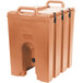 A beige plastic Cambro insulated soup carrier with black handles.