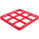 A red plastic Carlisle OptiClean glass rack extender with 9 compartments.