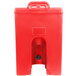 A red plastic Cambro insulated soup carrier with a black handle.