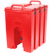 A red plastic Cambro soup carrier with black handles.