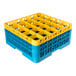A square plastic glass rack with a yellow top and blue sides, featuring 25 compartments and three extenders.