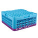 A blue plastic Carlisle glass rack with purple extenders.