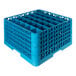 A blue glass rack with 36 compartments and 5 extenders.