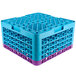 A blue and purple plastic Carlisle glass rack with extenders.