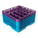 A square, plastic glass rack with 25 compartments, featuring a lavender top and blue sides, designed for washing and storing glassware.