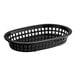 A black Tablecraft plastic oval basket with holes and a handle.