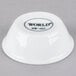 A Libbey white porcelain ramekin with black text that says "world"