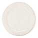 A round cream-colored porcelain plate with a medium rim and subtle speckled edge detailing.