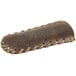 A brown leather Lodge hot handle holder with a metal spiral stitch.