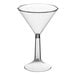 A clear plastic martini glass with a stem.