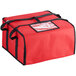 A red Choice insulated pizza delivery bag with black straps and a zipper.