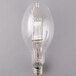 A close-up of a Satco 400 watt clear metal halide light bulb with white light inside.
