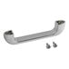 A chrome metal lid handle with screws.