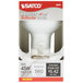 A Satco halogen flood light bulb in a box.