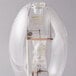 A close up of a clear Satco metal halide light bulb with a wire inside.