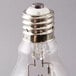 A close up of a Satco metal halide light bulb with a silver base.