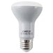 A close up of a Satco frosted LED light bulb with a white base.