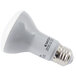 A Satco frosted warm white LED flood light bulb.