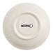 An ivory Acopa saucer with a rolled edge and black text on the rim.