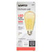 A Satco LED light bulb with a clear glass and a yellow light.