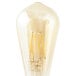 A Satco ST19 LED light bulb with a filament inside and clear glass cover over yellow wires.