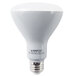 A close up of a Satco frosted LED light bulb with black text on the label.