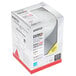 A Satco warm white LED flood light bulb in a white box.