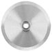 A stainless steel circular blade with a hole in the center.