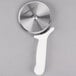 A Dexter-Russell pizza cutter with a white plastic handle and metal blade.
