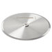A circular stainless steel Dexter-Russell pizza cutter replacement blade with a hole in the center.