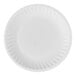 A close-up of a white Choice paper plate with a round rim.