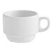 A white stoneware espresso cup with a handle.