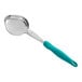 A Vollrath Jacob's Pride teal Spoodle with a metal handle and a blue bowl.