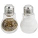 Two American Metalcraft glass light bulb salt and pepper shakers with a silver lid.